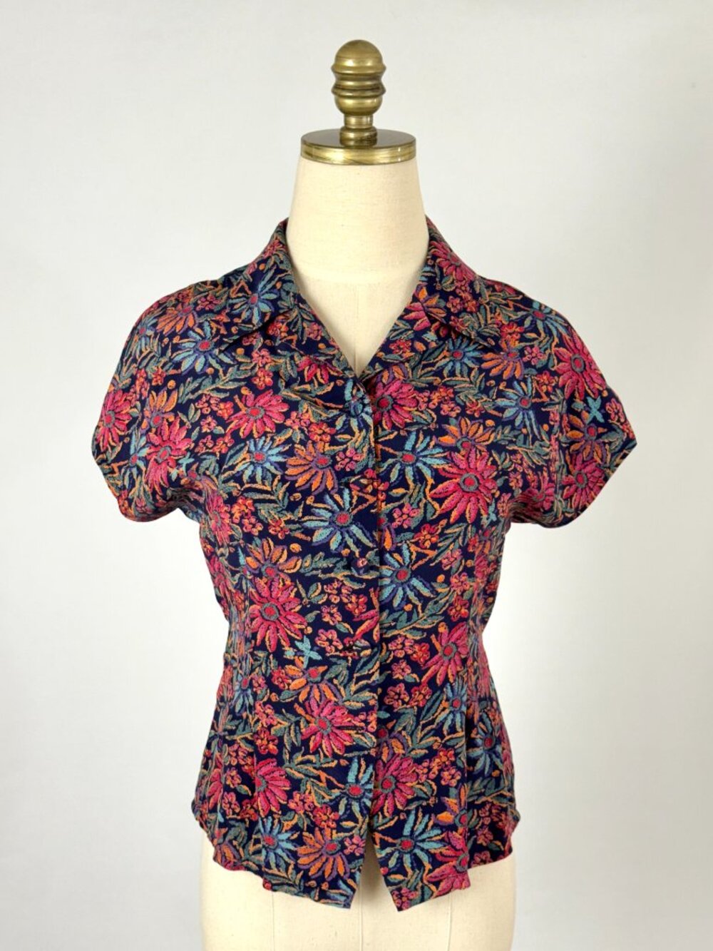 Vtg 50s-Style 100% Silk Floral Button Up Blouse Dolman Cinched Waist Navy Red